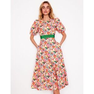 Boden Floral Puff Sleeve Belted Midi Dress Women's UK 12 US 8